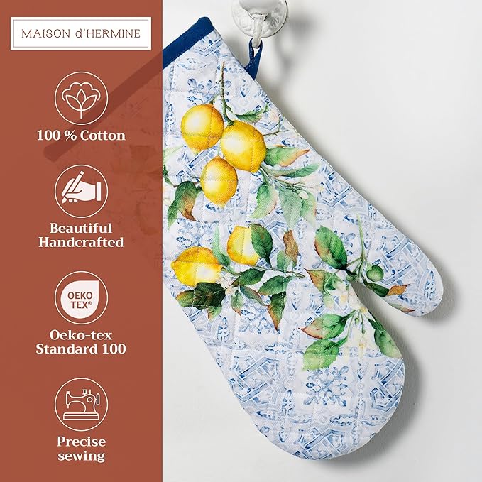 Maison d' Hermine Oven Gloves 100% Cotton Oven Mitt 7" x 13" with Loop Heat Resistant, BBQ, Cooking Gloves, Baking, Grilling, Kitchen, Handling Hot Pans Spring/Summer (Pack of 1, Citrus)