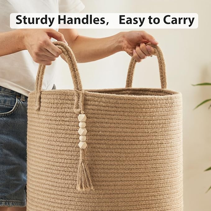 Jute Woven Rope Laundry Hamper, Tall Laundry Basket for Blanket Storage, Large Dirty Clothes Hamper for Toys, Decorative Baby Nursery Hamper for Bedroom, Living Room - Jute Brown, 72L