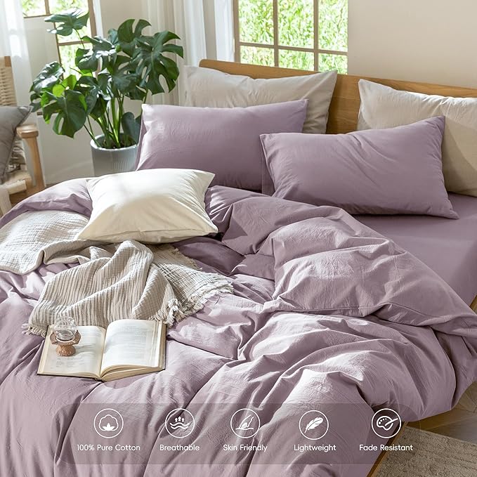 MooMee Bedding Duvet Cover Set 100% Washed Cotton Linen Like Textured Breathable Durable Soft Comfy (Solid Taro Purple, King 104"x90")