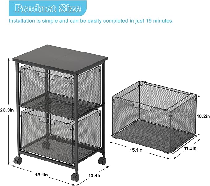 Letter/Legal Rolling File Cart with 2 Storage Drawers, Under Desk Storage, Vertical Filing Cabinet for Home Office, Hanging File Folders Organizer, Mobile Utility Cart Printer Stand, Black