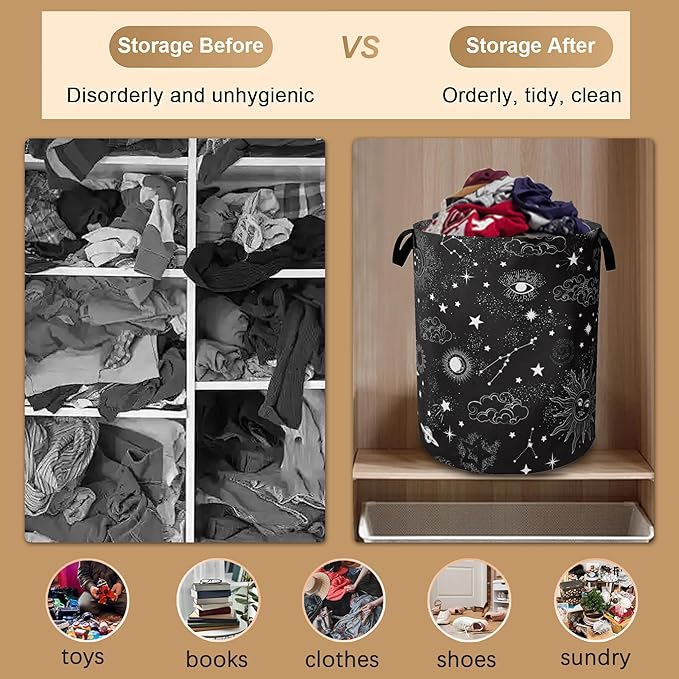 Mystical Sky Collapsible Laundry Baskets,Sun Stars Laundry Hamper,Storage Basket with Handles for Bathroom Bedroom College Dormitory Living Room Nursery Organizer 16"x20"