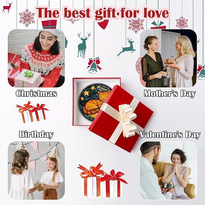 Stained Glass Window Hanging - Orange Cat Sun Catcher for Door Home Decor Stars and Moon Suncatcher Christmas Mother's Day Birthday Loss of a Pet Gifts for Women Men Mom Nana 7.8 in