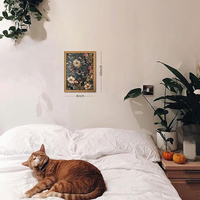 Framed 3D Textured Vintage Wall Art - Dark Academia Bumble Bee Hand Drawn Sandstone Paintings with Botanical Florals, Aesthetic Wall Decor for Living Room Bedroom Home 8x10 inch