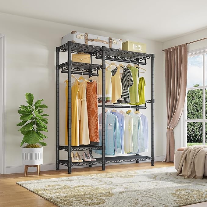 VIPEK V2S Heavy Duty Clothes Rack, Portable Metal Clothing Racks with 4 Tiers Adjustable Wire Shelving & 3 Hanging Rods, Freestanding Wardrobe Portable Closet Rack, Max Load 800LBS, Black