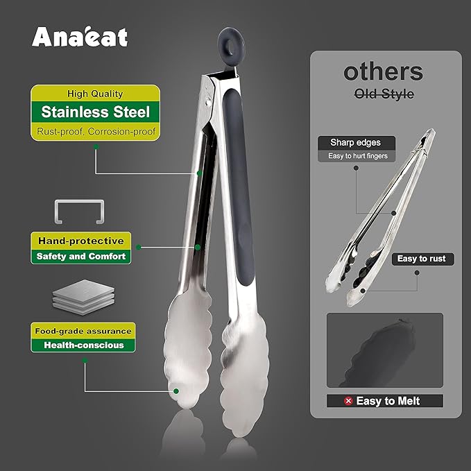 Anaeat 3 Pack 7" Mini Stainless Steel Locking Tongs - Sturdy Coiled Spring Kitchen Food Tong with Non-Slip Silicone Tips and Grip for Serving, Cooking, Baking and BBQ - Heat Resistant Metal Tongs