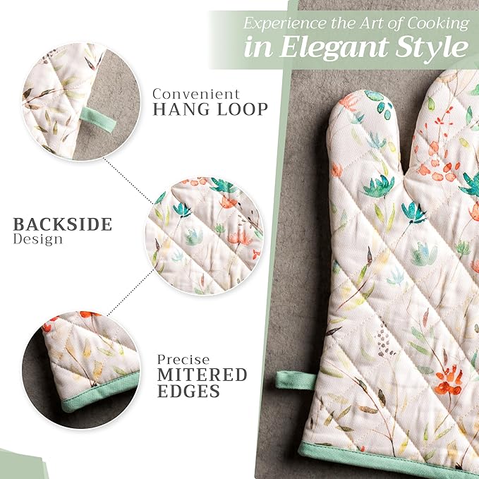 Maison d'Hermine Oven Gloves 100% Cotton Oven Mitt 7" x 13" with Loop Heat Resistant, BBQ, Cooking Gloves, Baking, Grilling, Kitchen, Handling Hot Pans Spring/Summer (Pack of 1, Colmar)