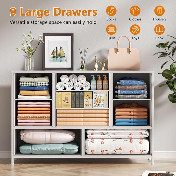 Furnulem Dresser for Bedroom with 9 Fabric Drawers for 55'' Long TV Stand Entertainment Center & Chests of Drawers, Wide Dresser Storage for Living Room, Dorm, Entryway, Sturdy Metal Frame, White