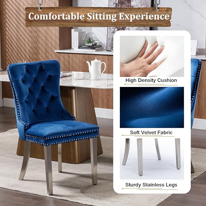 Goujxcy Glass Dining Table Set for 6, Modern Kitchen Table and Chairs Set of 6, 7-Piece Kitchen Dining Room Table Set w/51 Glass Metal Dining Table and 6 Blue Velvet Upholstered Chairs