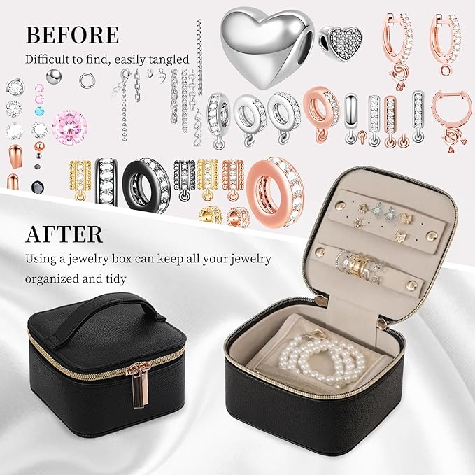 PU Leather Travel Jewelry Organizer Case with 4 Pouches & Handle, Anti-Tangle Storage Box for Necklace, Earrings, Rings, Compact Jewelry Box for Women Gift (Black)