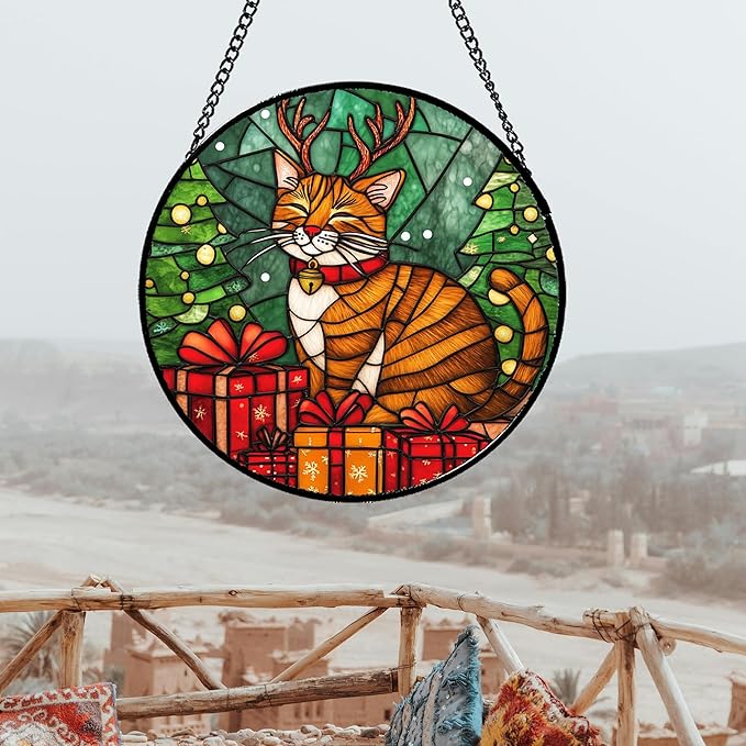 Stained Glass Window Hanging Orange Cat Elk Antler 7.8" - Suncatcher Door Garden Kitchen Sun Catcher Home Decor Birthday Gifts for Lost Pets Mom Men Woman Friend Grandma