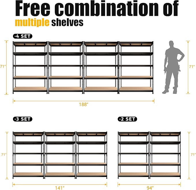 PrimeZone 10 Pack Heavy Duty Storage Shelves - 47" W x 18" D x 71" H 5 Tier Adjustable Garage Storage Shelving, Metal Storage Utility Rack Shelf Unit for Warehouse Pantry Closet Kitchen, Black