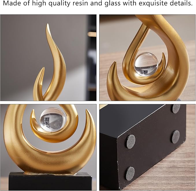 AWNR Abstract Gold Sculpture Decor: Flame Statue with Glass Ball Resin Art Figurines Unique Centerpiece Table Decorations Modern Home Decor Living Room TV Stand Coffee Table Office Decor