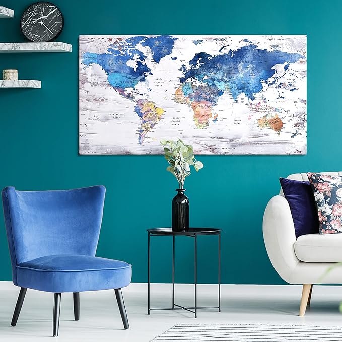 Pogusmavi-World Map Wall Art-Modern Art Wall Decor-Framed Artwork For Walls-Canvas Art For Office-Paintings For Decorations-Large Pictures For Living Room 24x48