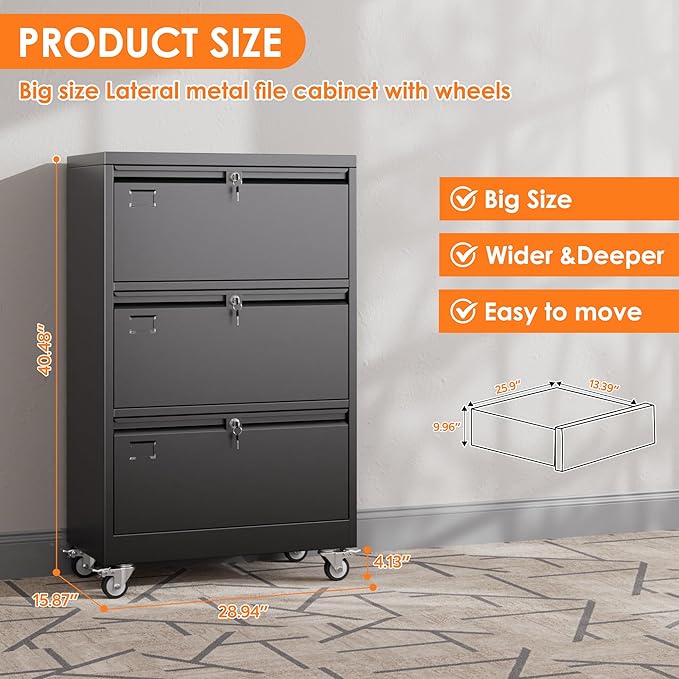 Aobabo 3 Drawer Lateral File Cabinet with Wheels,Metal Filing Cabinet with 3 Lock, for Home Office School Hanging Files Letter/Legal/F4/A4 Size, Assembly Required, Black