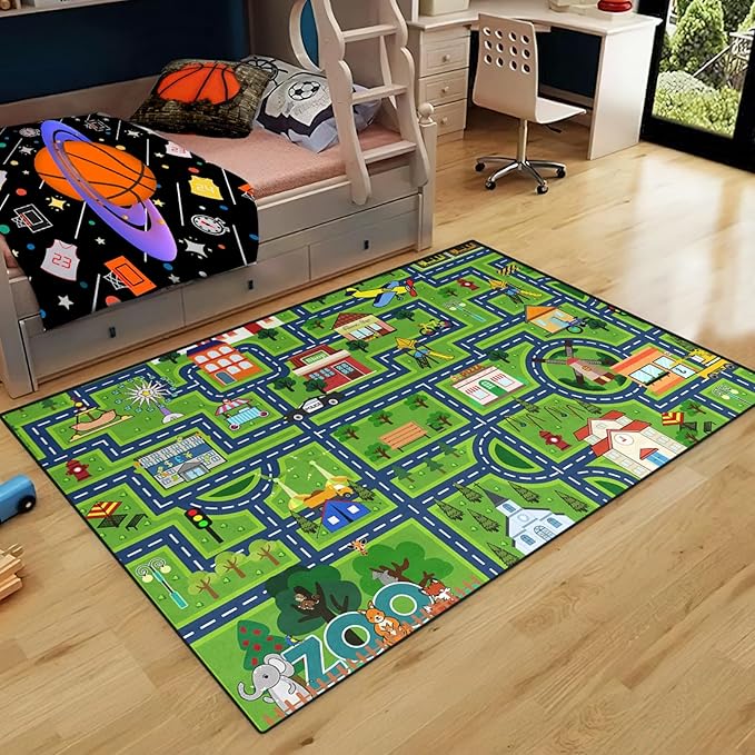 Road Map Carpet for Kids - Kids Rugs for Playroom Car Rugs for Playroom Toy Cars Play Mats for Floor City Rug Play Mat, 2. 5x4 Feet