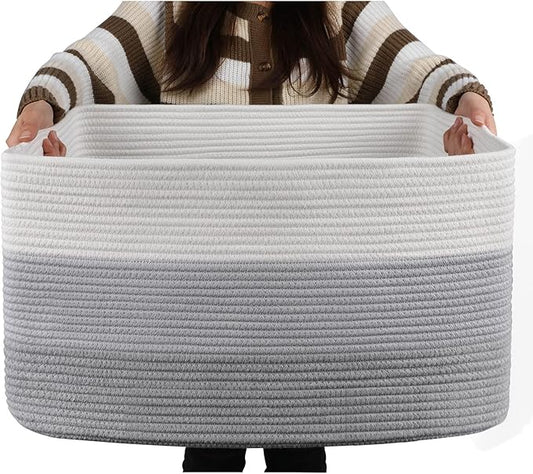 OIAHOMY Large Blanket Basket, 22”x17”x12” Rectangle Woven Baskets, Nursery Blanket Storage Living Room, Toy Storage With Handle, Large Baskets for Organizing-Gradient Grey
