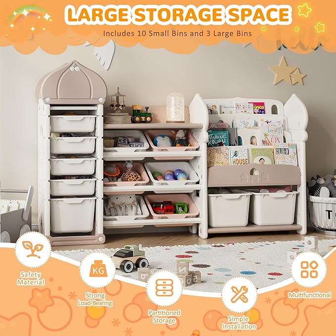 Kids Toy Storage Organizer with 13 Removable Bins, 4-Tier Bookshelf for Kids, Multi-Purpose Castle-Shaped Toy Organizer for Playroom, Bedroom, Nursery, Living Room (Cream)