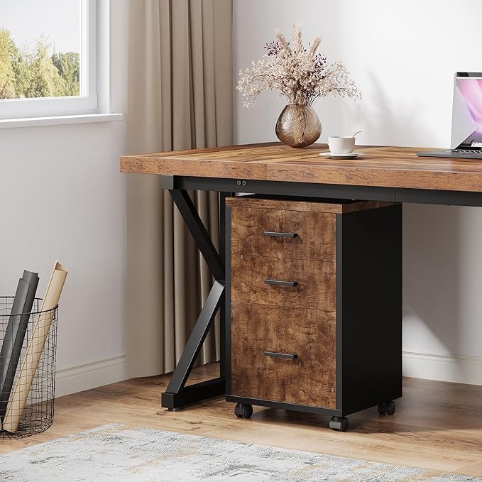 Triebsigns 3 Drawer File Cabinet, Wooden Office Filing Cabinet, Modern Rolling Printer Stand for Home Office, fits A4 or Letter Size, Under Desk (Brown)