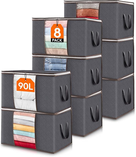 Lifewit 90L Large Storage Bags, 8 Pack Closet Organizers and Storage, Clothes Storage Bins with Lids, Foldable Storage Containers with Reinforced Handles for Clothing, Blanket, Bedding, Comforter Gray