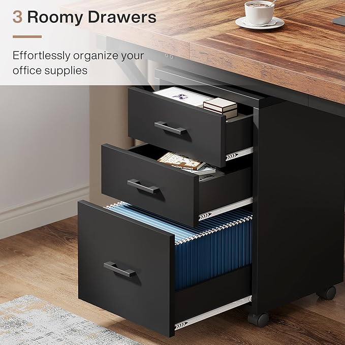 Triebsigns 3 Drawer File Cabinet, Wooden Office Filing Cabinet, Modern Rolling Printer Stand for Home Office, fits A4 or Letter Size, Under Desk, Black