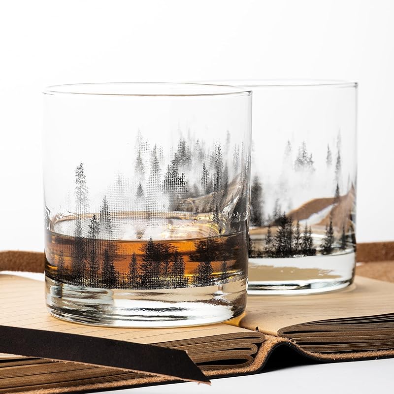 Black Lantern Whiskey Glasses - Set of 2 Old Fashioned Glasses for Whiskey Scotch and Bourbon - Cocktail and Rock Glasses for Nature Lovers - Two Premium 11oz. Glasses (Forest & Clouds)