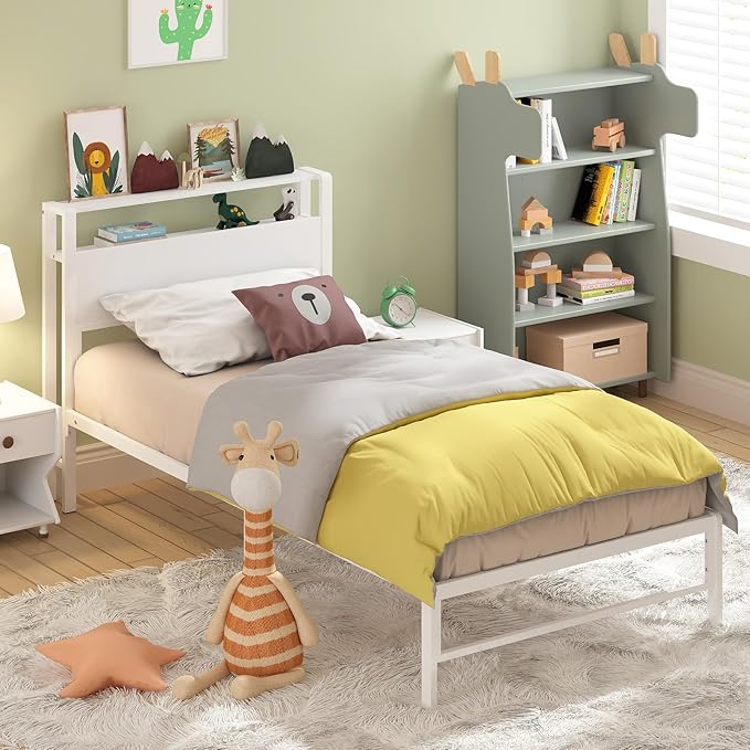 Weehom Twin Bed Frames for Kids, Twin Size Bed with 2 Tiers Wood Shelves Headboard No Box Spring Needed Easy Assembly Heavy Duty Metal Plaform, White