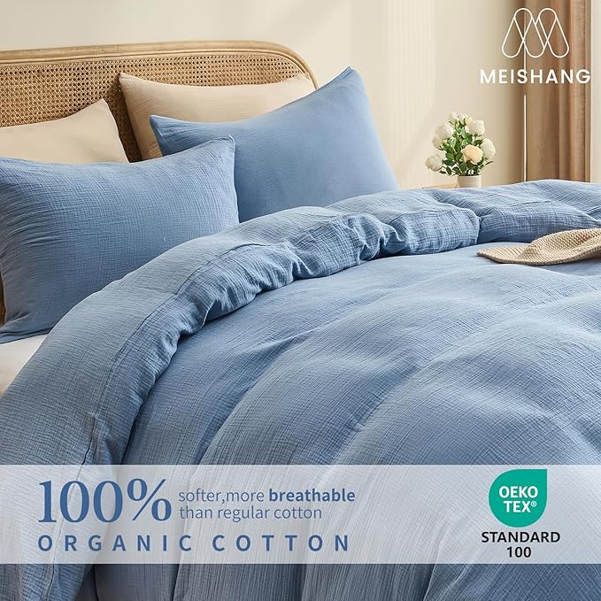 MEISHANG Muslin Duvet Cover King Size - 100% Organic Cotton, Soft Textured Gauze Weave Comforter Cover for Breathable All-Season with Zipper Closure - 3 Piece Set (King, Smoky Blue)