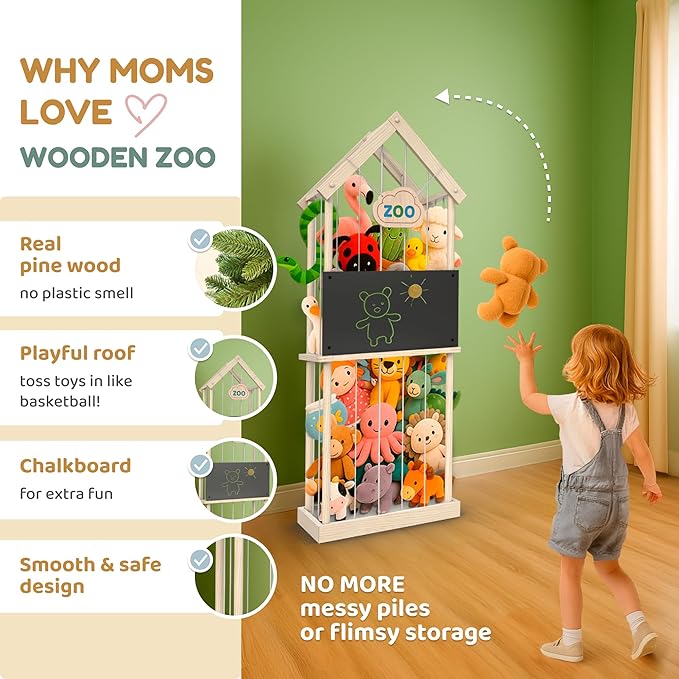Extra Large Stuffed Animal Storage Zoo – Wooden Vertical Plush Toy Organizer & Storage with Built-in Chalkboard, 3 Chalks & Holder, Tool-Free Assembly, Anti-Tip Strap & Bumpers
