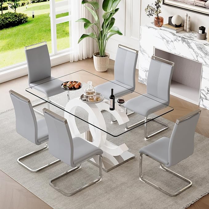 63'' Glass Dining Table Set for 6, Kitchen Table Chairs Set of 6, Clear Glass Dining Table with White unique design Leg and Silver Metal Base, 6 PU Dining Chairs with Metal Legs, Living Room, Kitchen.