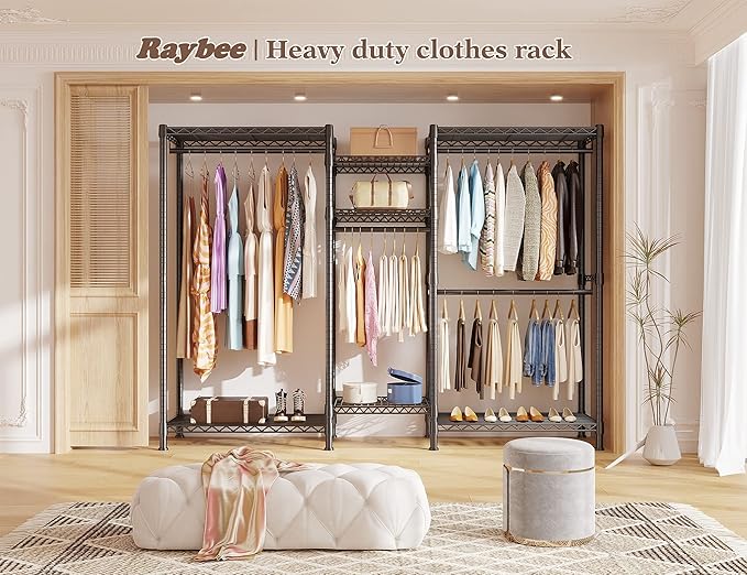 Raybee Clothes Rack Heavy Duty Clothing Racks for Hanging Clothes Adjustable Hanging Clothes Rack Garment Rack, Black, 13.9" D x 70.6" W x 77" H