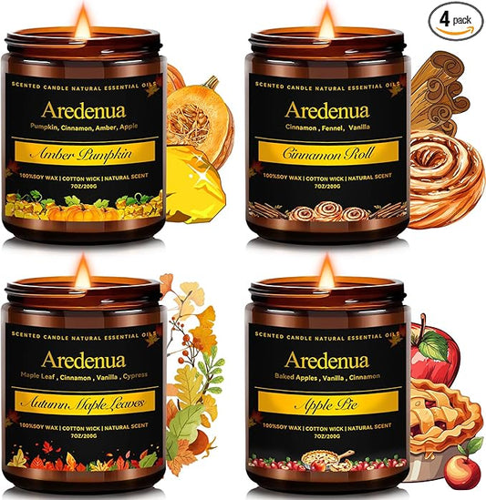 Fall Candles Set | 4 Pack Autumn Scented Candles, Soy Candles for Home Scented, Cozy Seasonal Candle Gifts for Women Men - Fall Scents of Cinnamon Roll/Pumpkin/Autumn Leaves/Apple Pie