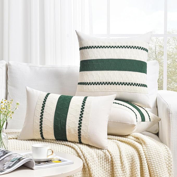 Fancy Homi Set of 2 Dark Green Boho Big Decorative Throw Pillow Covers 24x24 Inch for Couch Bed Sofa Bedroom Indoors, Modern Farmhouse Vintage Forest Green Living Room Decor