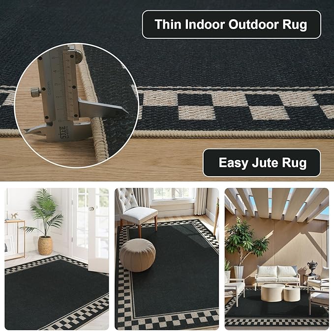 OJIA Easy Jute 5x7 Area Rugs, Washable Outdoor Patio Rug for Living Room Checkered Border Indoor Outdoor Rugs Farmhouse Non-Slip Black Carpet Geometric Rug for Backyard Entryway Dining Room