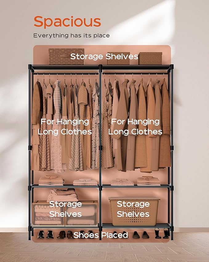 Clothes Rack, Portable Closet, 54.3 Inch Large Capacity Wardrobe Closet, Clothes Storage Organizer with Shelves and 2 Hanging Rods, Easy to Assembly, Black PCT002B01