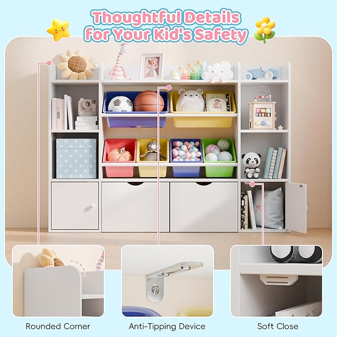 Xilingol Kids Toy Storage Organizer W/6 Removable Toy Bins, 4-Tier Toy Organizers W/6 Storage Cubbies and 2 Movable Drawers, Kid Bookshelf and Toy Storage for Playroom, Bedroom, Kids Room (Multicolor)