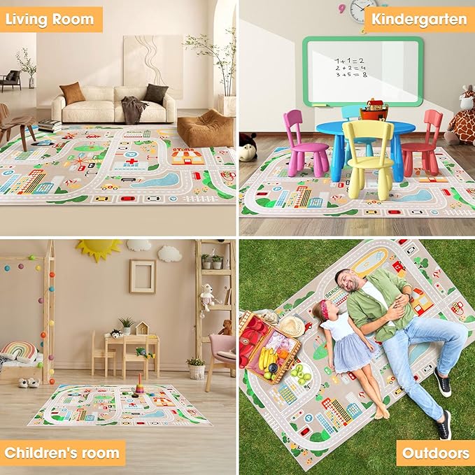 IKITOT Kid Rug Carpet Playmat for Toy Cars and Train，Play Area Rug with Rubber Backing，Fun Throw Rug，Ideal Gift for Children Baby Bedroom Play Room(80×120cm/32×47in)