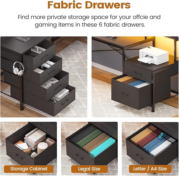 SEDETA L Shaped Desk with 6 Drawer, 108" Home Office Desk with File Drawer & Power Outlet, Corner Computer Desk with Monitor Shelf, File Cabinet, Two Person Desk, Gaming Desk with Led Lights, Black