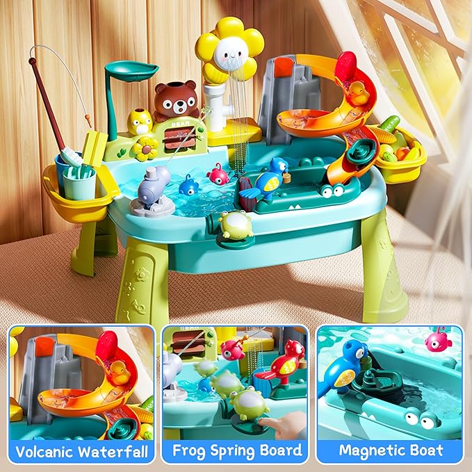 2026 Water Table for Kids Ages 3+ with Pump, Sensory Tables with Play Vegetables, Tableware & Fishing Game, Outdoor Toy Summer Beach for Kids Boys Girls Age 3+