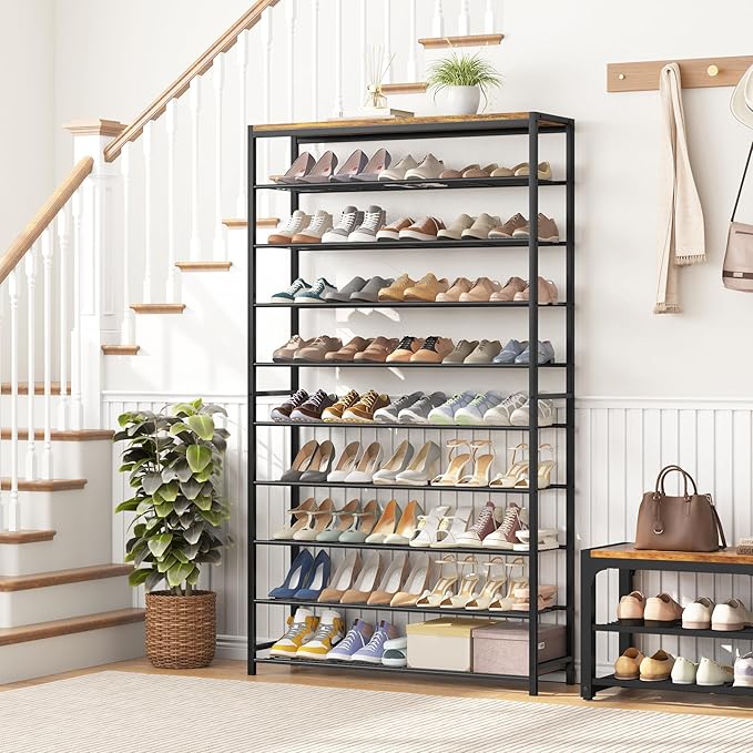 HOMEFORT 10 Tiers Shoe Rack Organizer,39.4" Shoe Storage Shelf for Closet, Shoe Rack for Entryway,Holds 45-50 Pairs of Shoe, Tall Shoe Stand with Metal Shelves and MDF Top Board,Rustic Brown