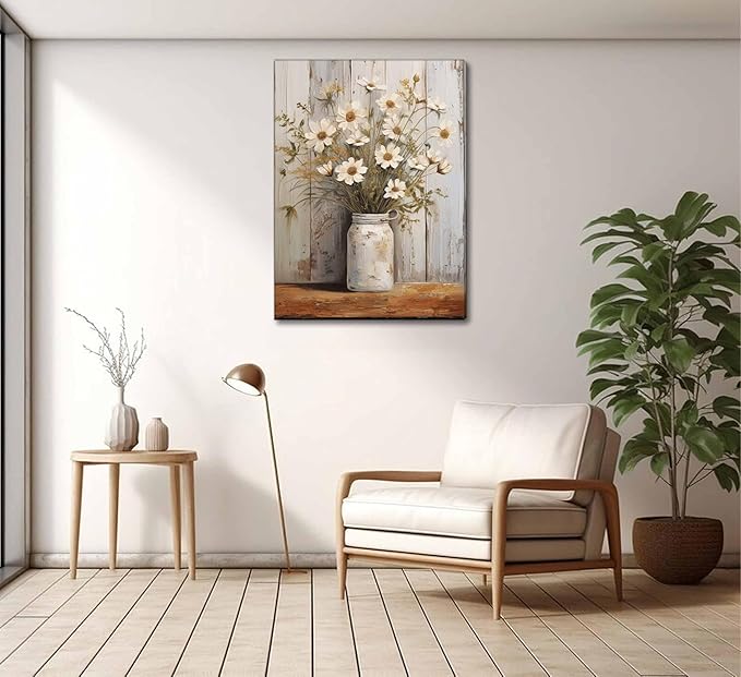 Rustic Farmhouse Daisy Floral Canvas Wall Art Vintage Neutral Country Flower Still Life Botanical Painting Picture Wall Decor Poster Print for Bathroom Living Room Bedroom Home Decoration
