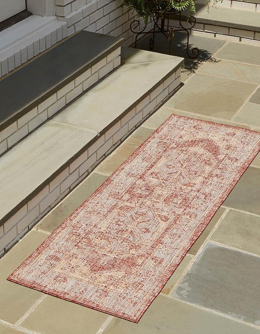 Unique Loom Outdoor Traditional Collection Area Rug - Valeria (2' x 5' Runner Rust Red/Ivory)