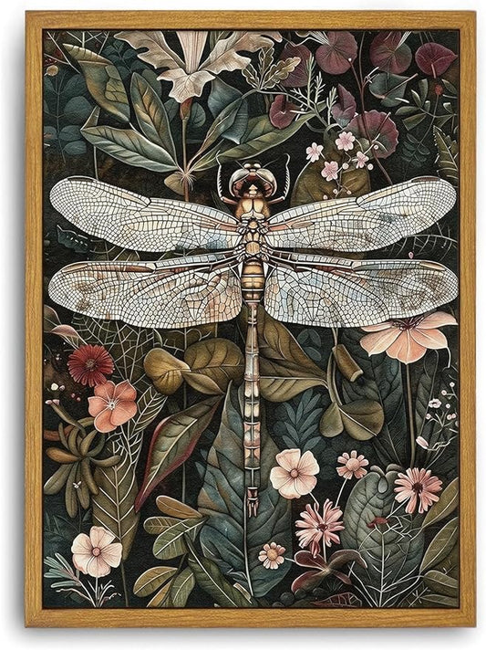 Djmwtb Vintage Framed Wall Art Dragonfly Canvas Wall Art Prints Green Botanical Painting Boho Nature Flower Pictures Artwork for Living Room Bedroom Bathroom Office 12x16in