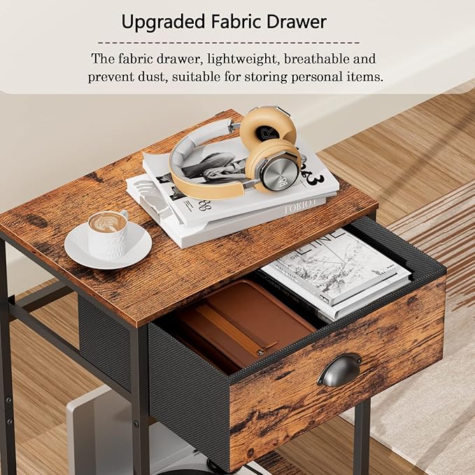 Furologee End Table with Storage Shelf and Fabric Drawer, 2 Tiers Industrial Nightstand, Bedside Table Organizer for Living Room Bedroom, Rustic Brown, Easy Assembly