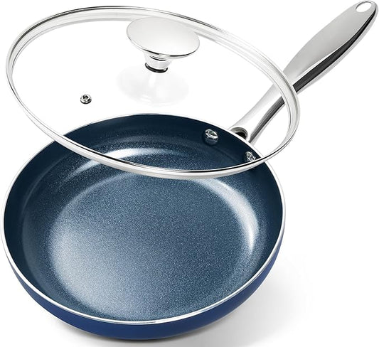 MICHELANGELO Small Frying Pan - 8 Inch Nonstick Frying Pan with Lid, Non-Toxic Omelette Pan with Stainless Handle, Nonstick Skillet, Blue-Ceramic
