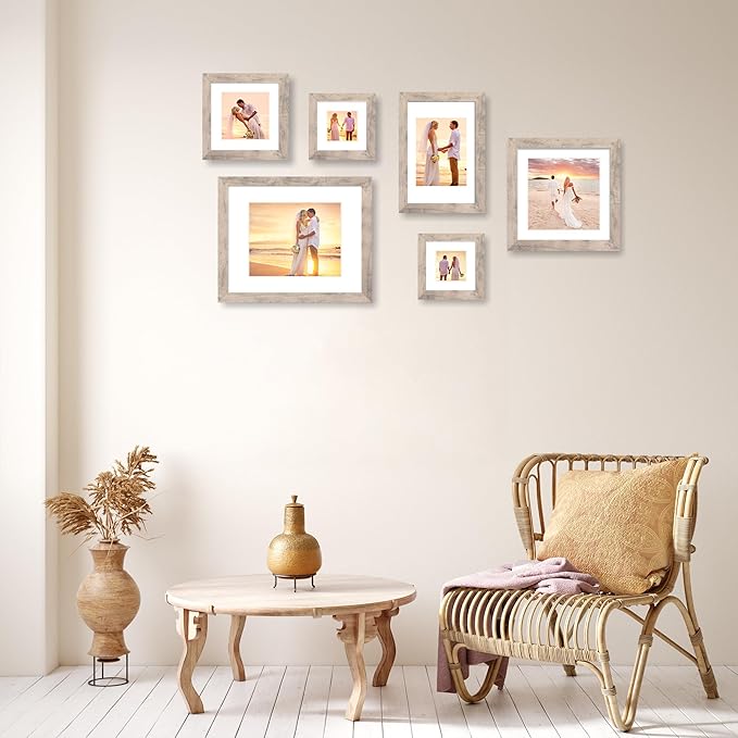 6x6 Picture Frame Set of 4 with High Definition Glass, Smoke Gray Frame Display 4x4 Pictures with Mat or 6 x 6 Without Mat, Wood Square Photo Frame for Wall Mount and Tabletop Display