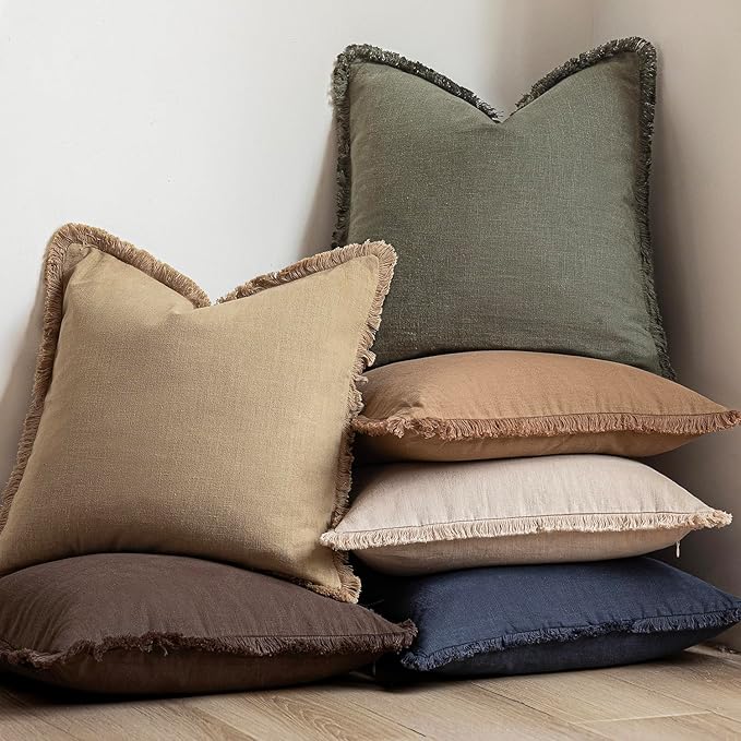 Foindtower Set of 2 Decorative Linen Fringe Throw Pillow Covers Boho Farmhouse Cushion Cover with Tassels Soft Accent Pillowcase for Couch Sofa Bed Living Room Home Decor,16×16 Inch,Reddish Brown