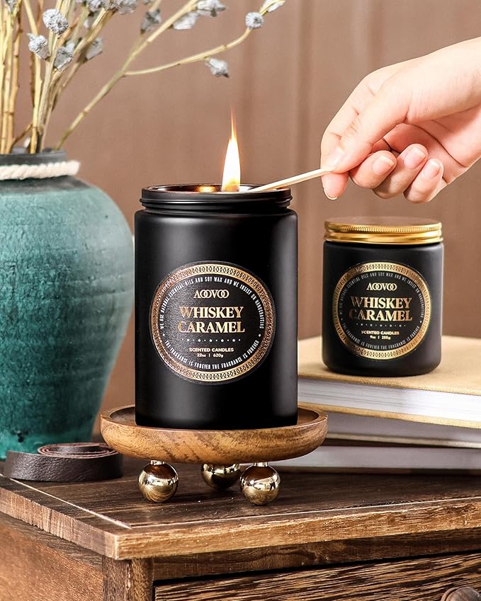 AOOVOO Scented Candles for Men - Large 22oz 120 Hours of Burn Time, Whiskey Caramel Candles for Home Scented | Crackling Wood Wick Soy Candle | Strong Fragranced Black Candle Gift for Women & Men