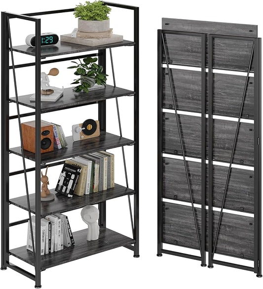 BHG Vintage Multifunctional Folding Bookshelf, No-Assembly Plant Stand Storage Rack Shelves for Home Office (Gray, 5-Tier)