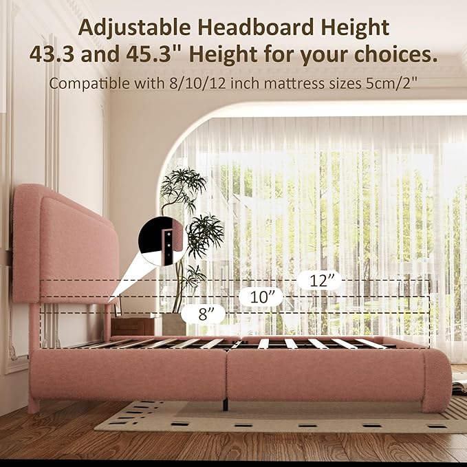 Queen Bed Frame, Teddy Velvet Boucle Bed Frame with 43.3"/45.3" Adjustable Upholstered Headboard, Rounded Corners, Mattress Foundation, No Box Spring Required, Pink