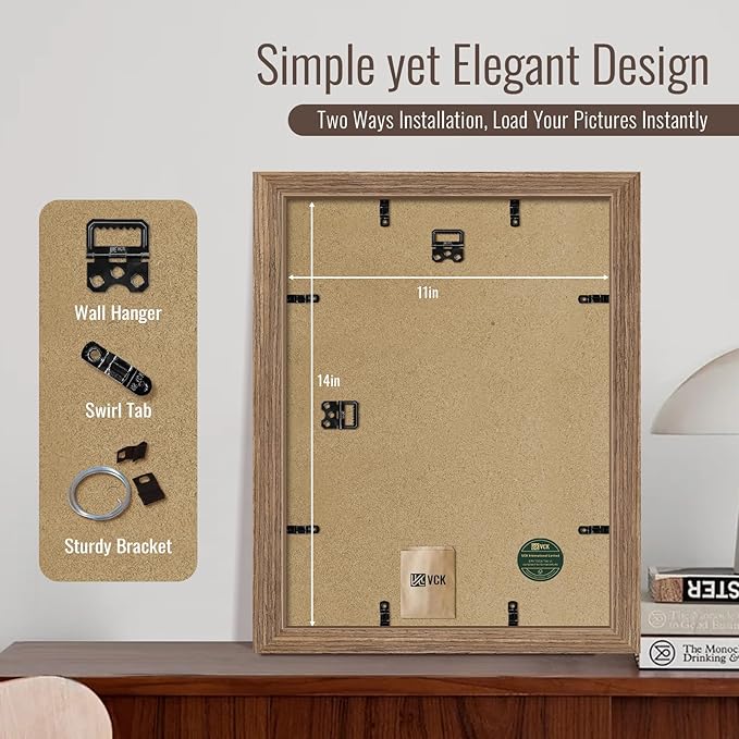 VCK 11x14 Picture Frame Set of 4 - Walnut, Gallery-Quality Wood Poster Frames, 1.1-Inch Wide Border, Polished Plexiglass, Vertical or Horizontal Wall Display for Photo/Art/Prints, Walnut